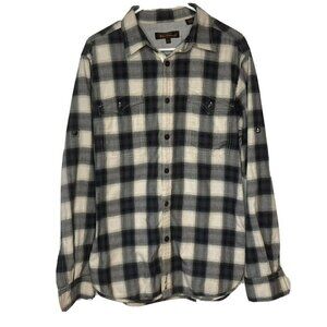 Ben Sherman Men’s Black Cream Plaid Cotton Button Up Cuff Shirt-XL